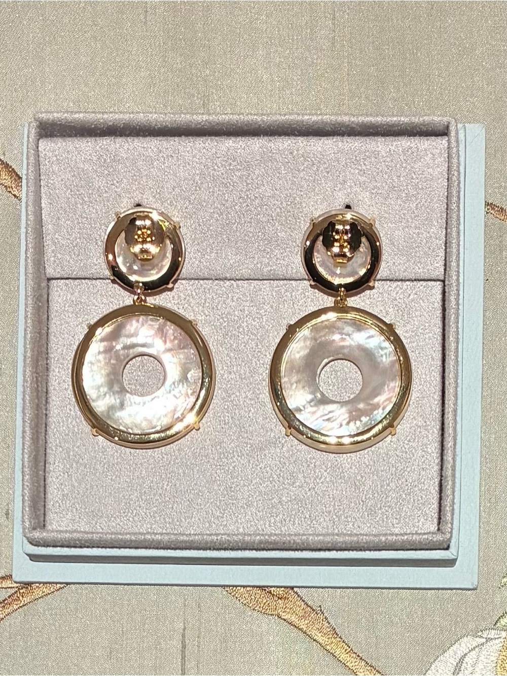New ASHA Mother-of-Pearl Double Disc Drop Earrings in White - 14k Gold Dipped - Picture 3 of 5